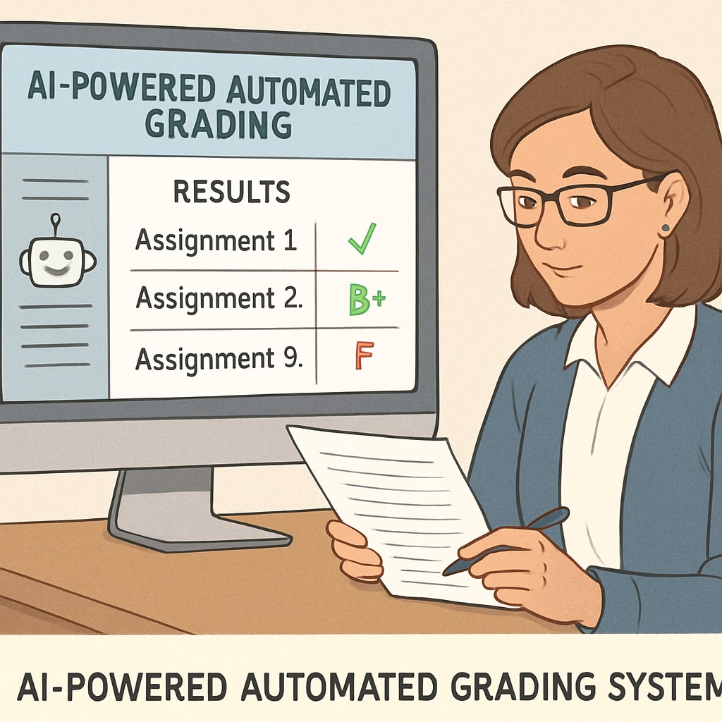 Digital interface showing AI-powered automated grading system with human teacher reviewing the results Artificial intelligence reducing teacher administrative workload