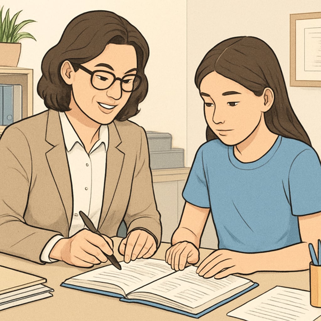 A professional school counselor sitting with a student in a well-lit office, reviewing materials together Behavior intervention specialist providing support to student