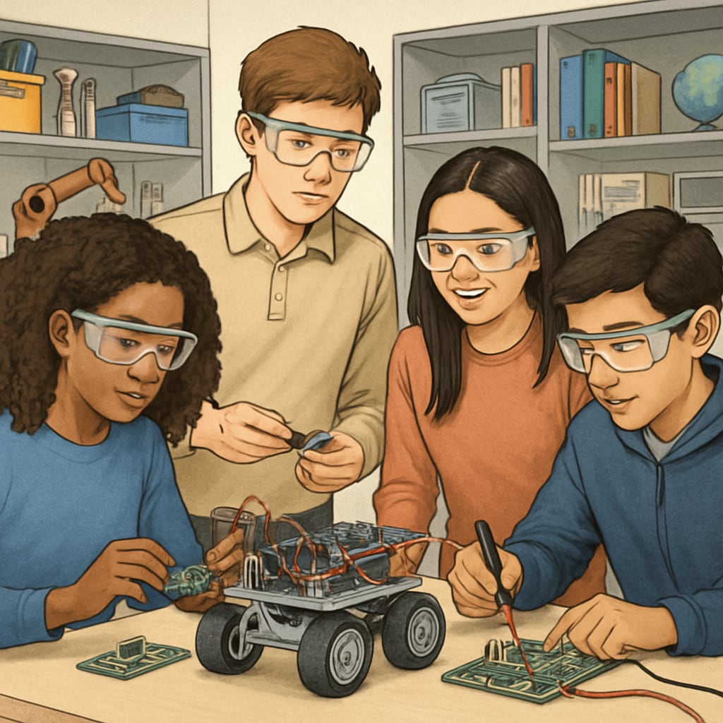 Diverse group of high school students collaborating on a robotics project in modern STEM classroom, wearing safety goggles while working with circuit boards STEM education in high school curriculum reform