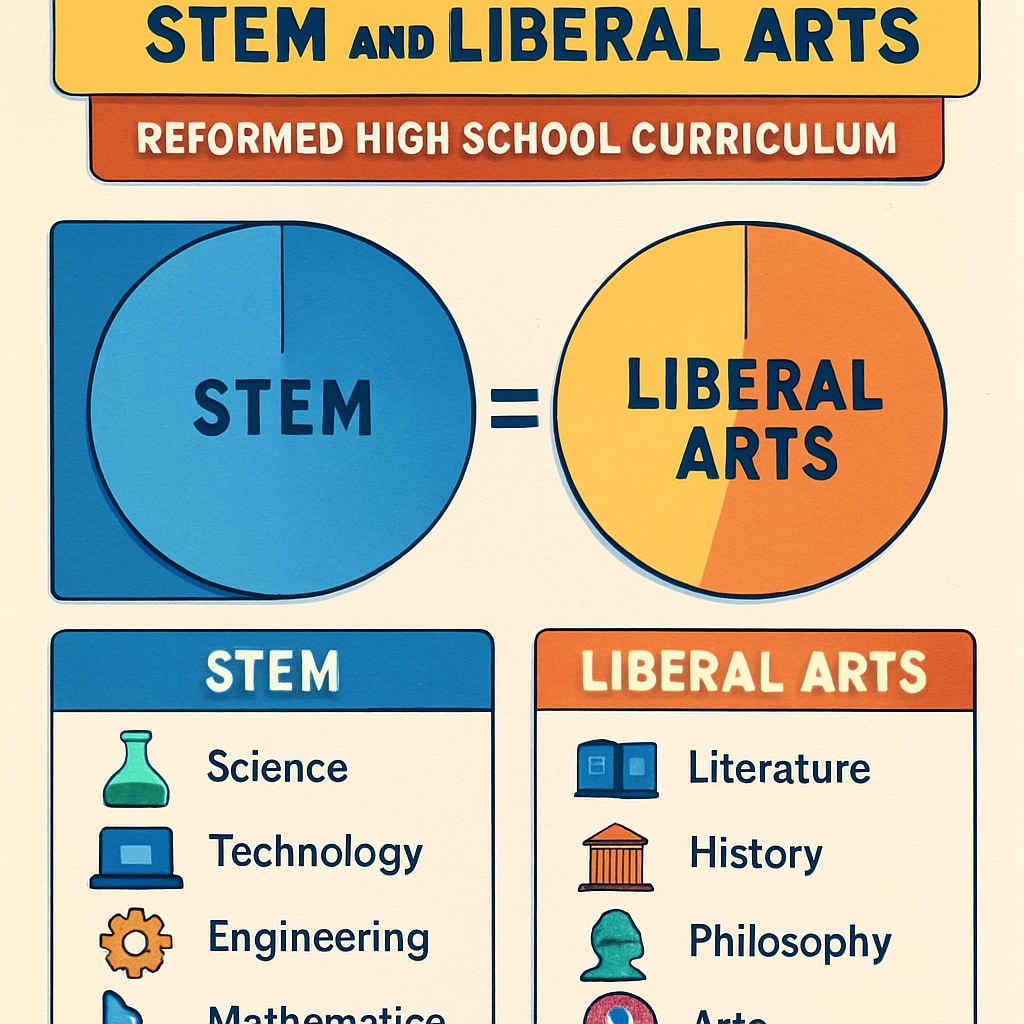 Colorful infographic illustrating ideal balance between STEM and liberal arts coursework in reformed high school curriculum Balanced curriculum reform model for STEM and liberal arts