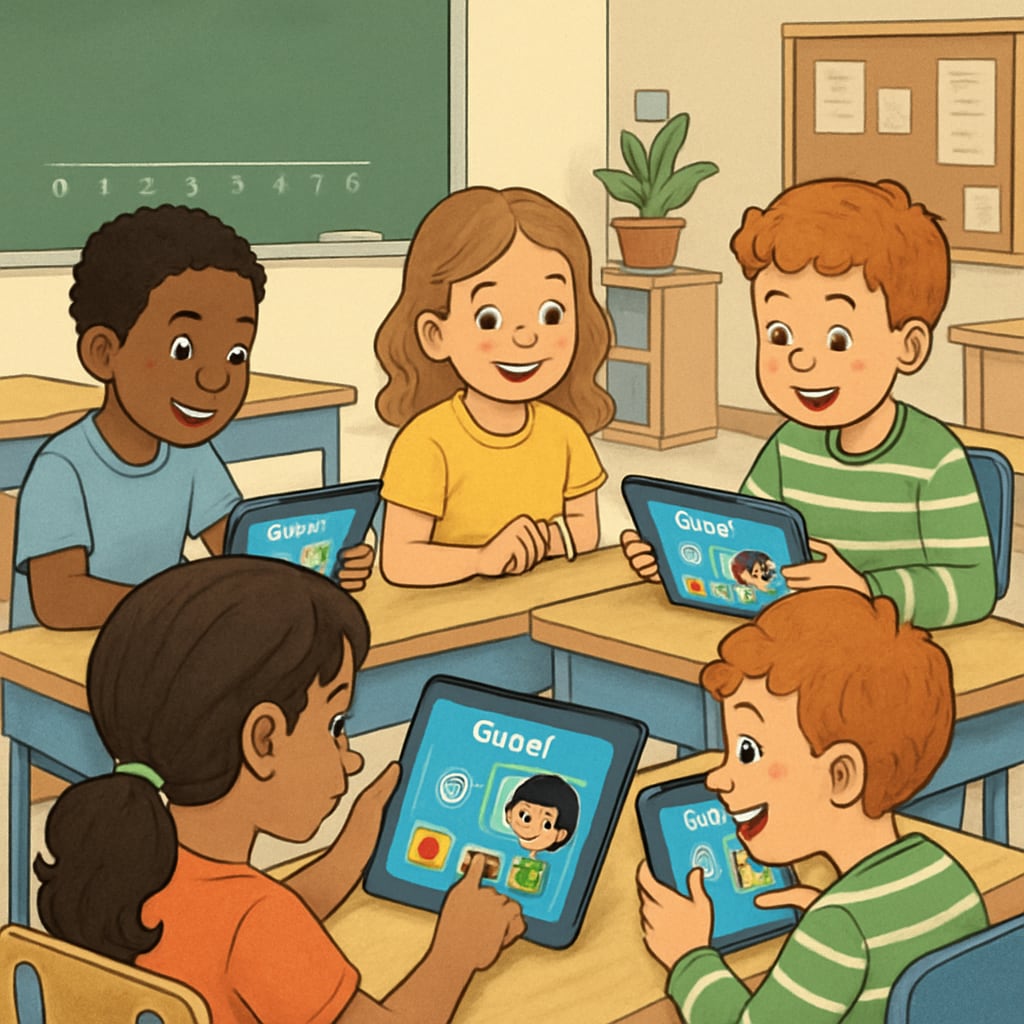 Diverse group of elementary students using Gurwi app on tablets during classroom activity, showing colorful interface with animated characters Students engaged in interactive learning with Gurwi's visual education platform
