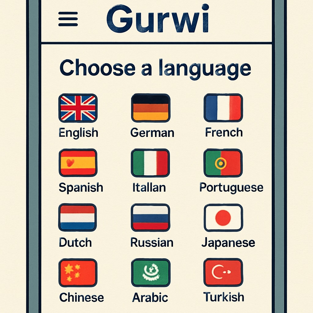 Close-up screenshot of Gurwi app showing language selection menu with 15 flag icons and language names Multilingual education interface in Gurwi knowledge acquisition app