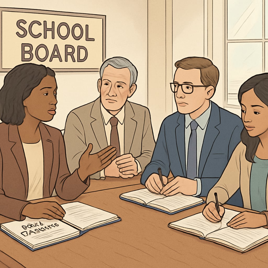 A diverse group of school board members discussing policy documents around a conference table School board members meeting to discuss education policy and effectiveness