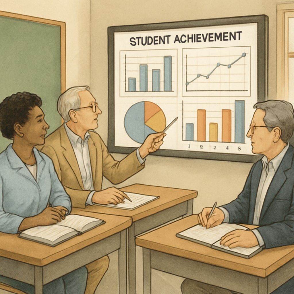 School board members reviewing student achievement data visualizations on a large monitor Data-driven decision making for educational change