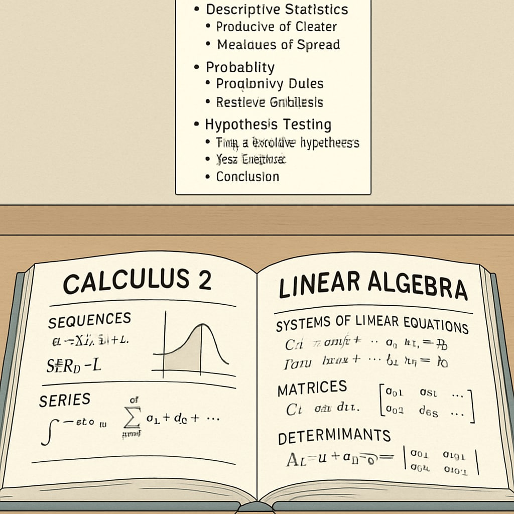 A thoughtful student comparing Calculus 2 and Linear Algebra textbooks with biostatistics notes visible in the background Student comparing math courses for biostatistics