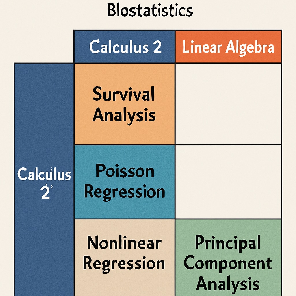 Color-coded comparison chart showing applications of Calculus 2 and Linear Algebra in various biostatistics contexts Calculus vs Linear Algebra applications in biostatistics