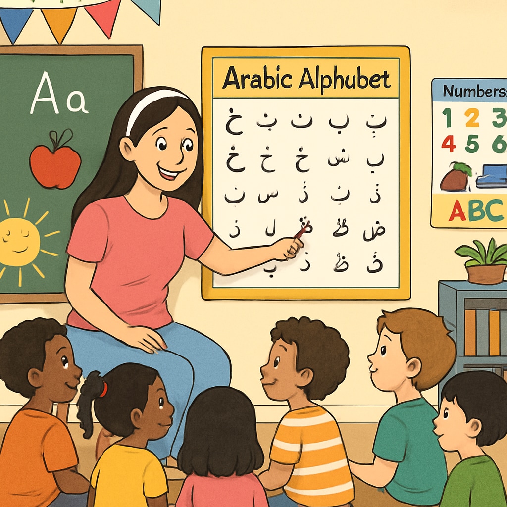 Ms.Rachel sitting in a colorful classroom with six ethnically diverse children, pointing to an Arabic alphabet chart Ms.Rachel teaching multicultural children in humanitarian education setting
