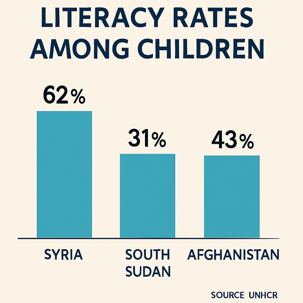 Comparative infographic showing literacy rates among children in Syria (62%), South Sudan (31%), and Afghanistan (43%) with UNHCR data sources Humanitarian education statistics for conflict zone children