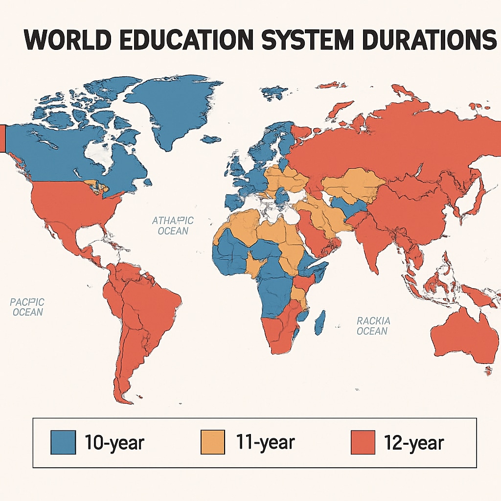 Color-coded world map showing regional education system duration differences with clear 10/11/12 year distinctions Global education system differences map showing admission barriers