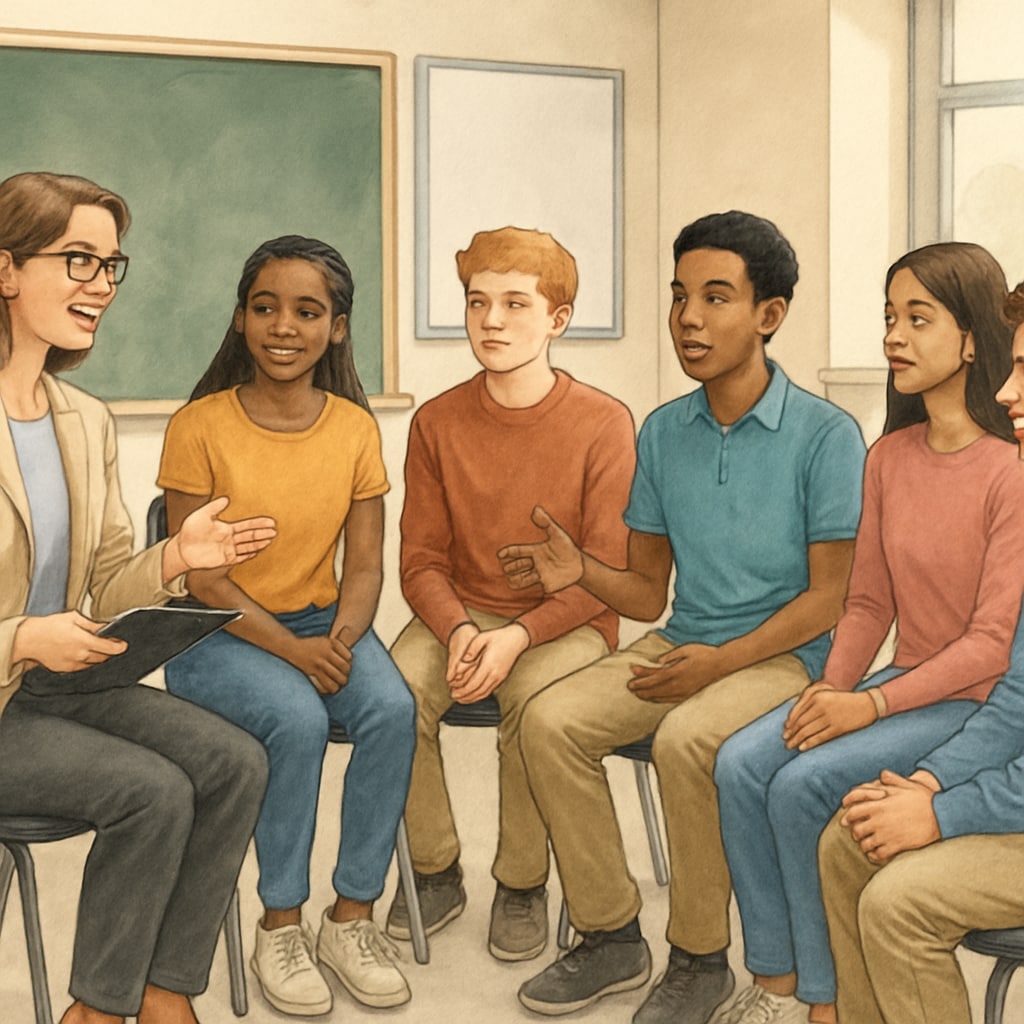 High school teacher leading a discussion circle with students of various ethnicities Classroom dialogue about humanitarian crises