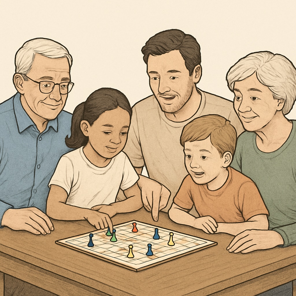 Multi-generational family playing board game at wooden table Healthy family bonding without digital devices