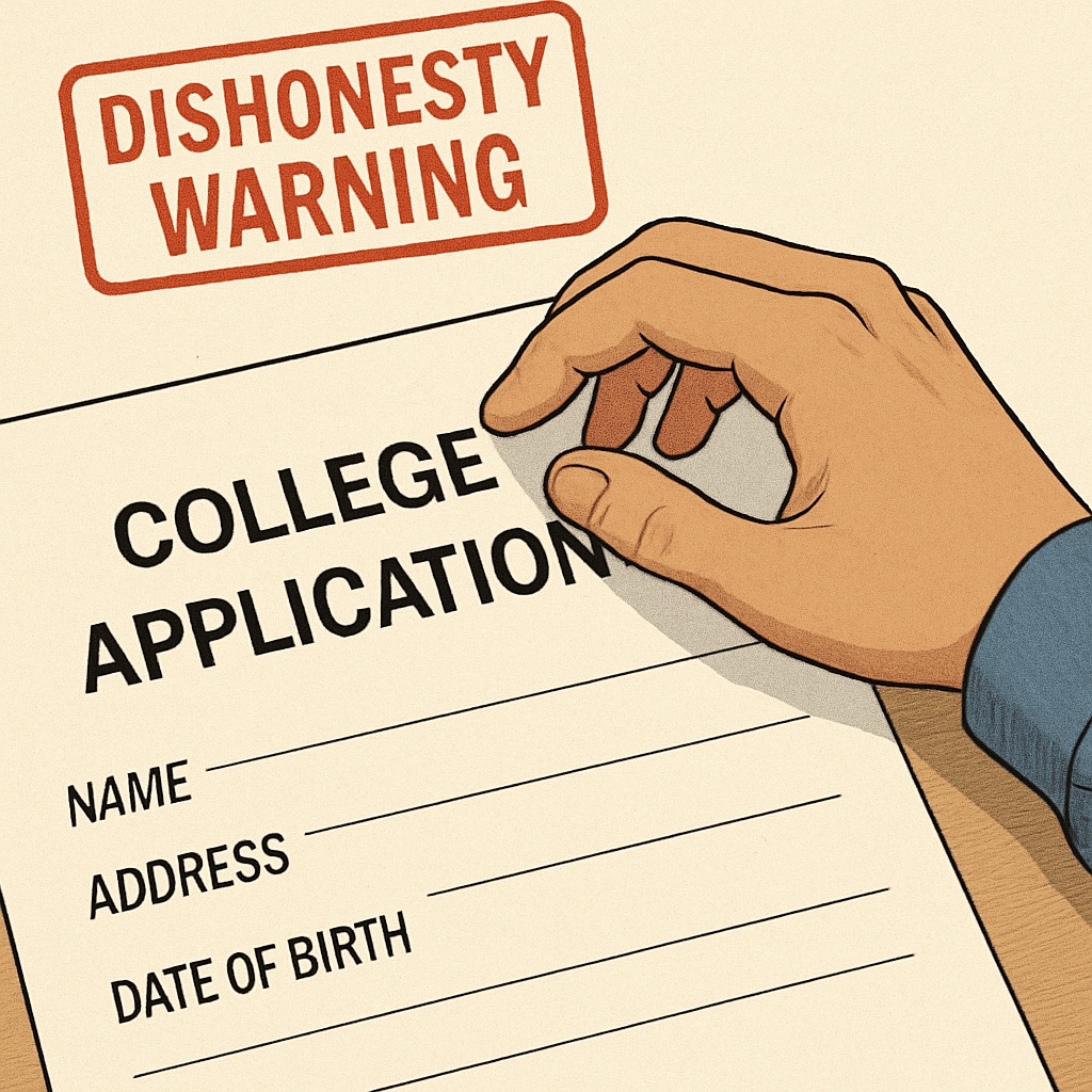 A close-up of a student's hand hovering nervously over a college application form, with a red Consequences of lying in college applications