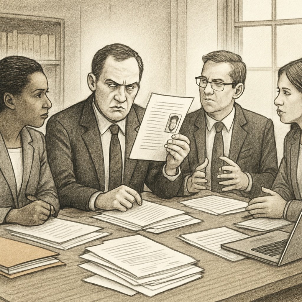 A college admissions committee reviewing applications around a table, with one member holding up a document with a suspicious expression College admission officers detecting application falsehoods