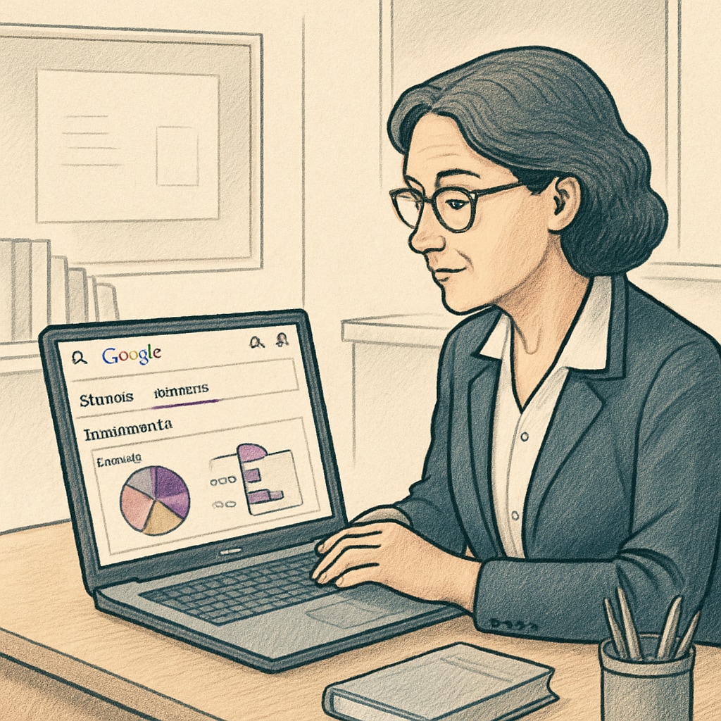 A middle-aged female teacher analyzes student responses on her laptop, with a Google Forms interface clearly visible on screen. Teacher using Google Forms for classroom data collection