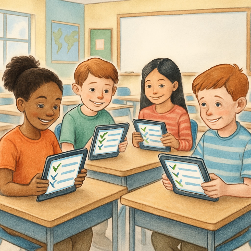 Diverse group of elementary students using tablets to complete digital surveys in a bright classroom, showing engagement with educational technology Students participating in K12 education research surveys