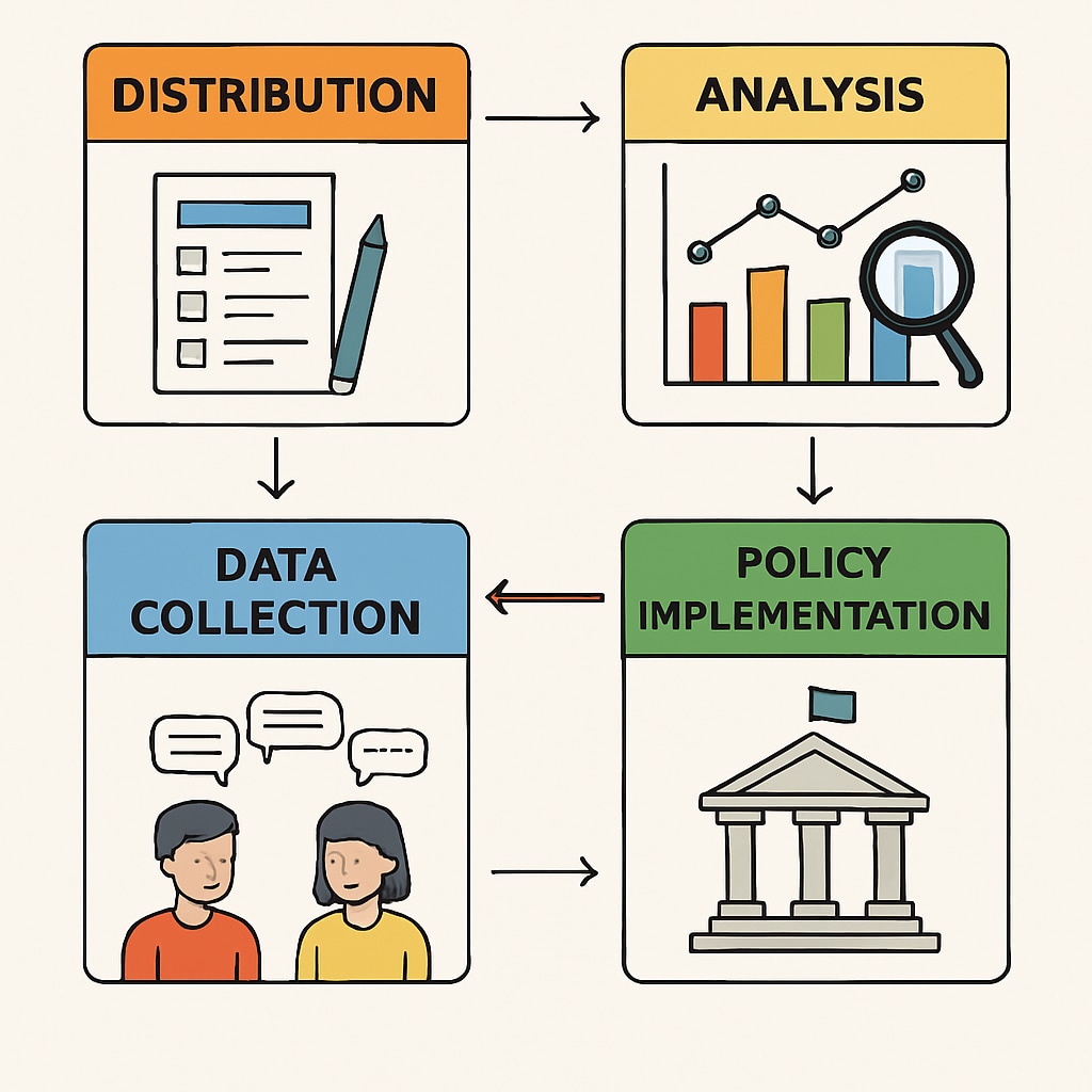 Colorful flowchart infographic illustrating the survey data journey from distribution through analysis to policy implementation Education policy development through academic surveys