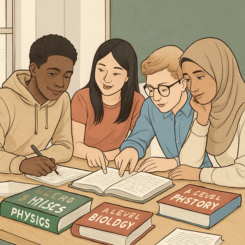 Diverse university students studying with A-level textbooks visible on table International students using A-level qualifications for US university preparation