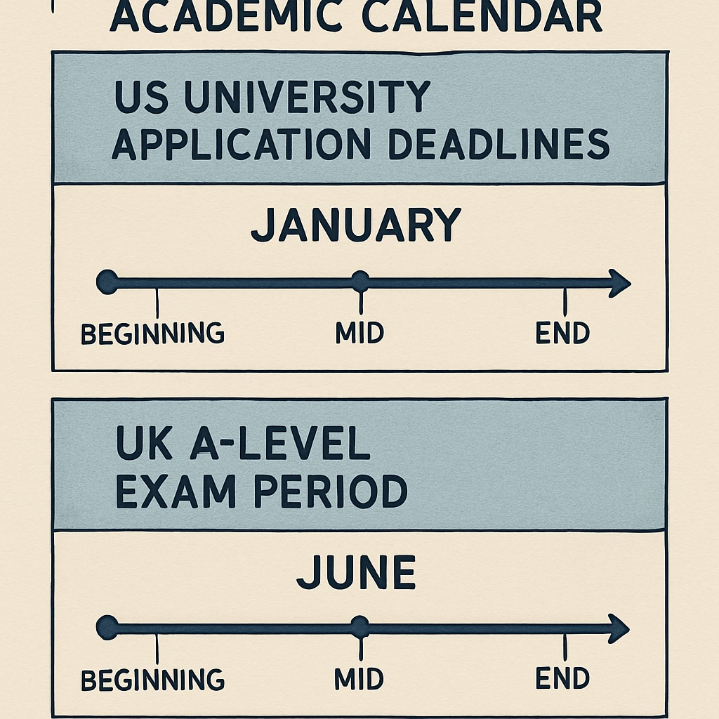 Academic calendar showing US application deadlines and UK A-level exam periods Timeline comparison for A-level students applying to US universities