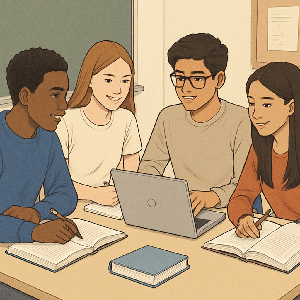 Diverse high school students engaged in collaborative learning around a table, with books and laptops visible Students overcoming academic supervisor deficiencies through peer learning