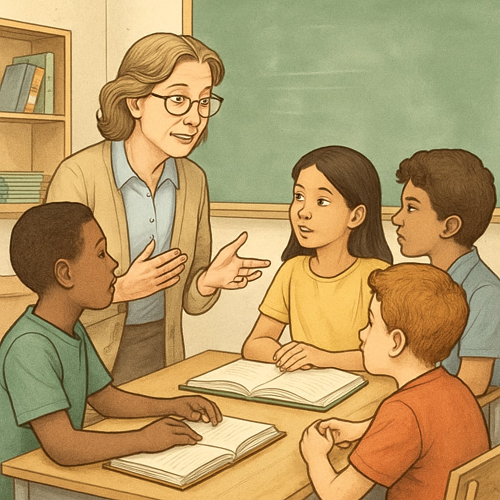 Middle-aged female teacher facilitating discussion with four racially diverse students in a classroom setting Teacher maintaining quality instruction despite leadership shortcomings