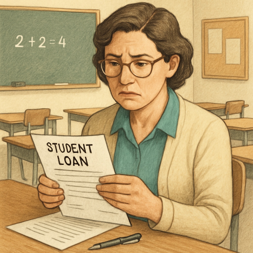 A mid-career female educator in a classroom setting, examining student loan paperwork with visible concern Teacher stressed by SAVE plan student loan repayment changes