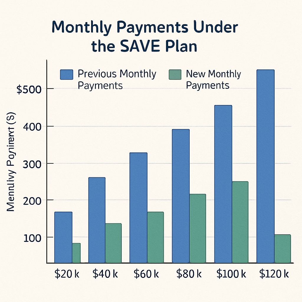 Color-coded bar chart comparing previous vs. new monthly payments under SAVE plan for different salary brackets Student loan payment increase visualization under revised SAVE plan