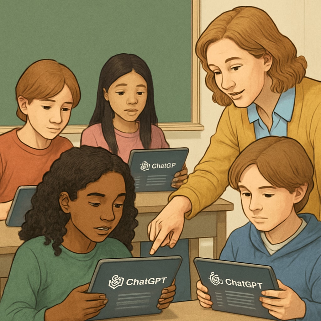 A diverse group of middle school students working with tablets showing ChatGPT interface, supervised by a teacher pointing at the screen ChatGPT in classroom promoting critical thinking and education integration
