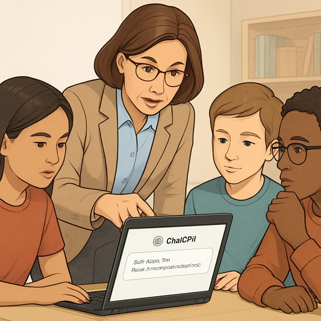 Close-up of teacher guiding three students analyzing a laptop's ChatGPT response during a discussion Educators balancing AI tools and critical thinking development
