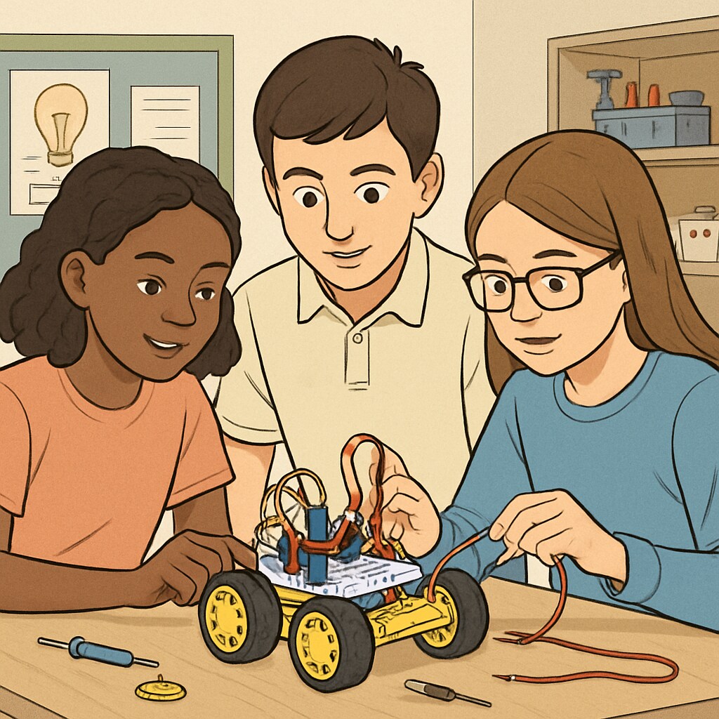 Middle school students collaborating on building a simple robot using plastic components and basic electronic parts Beginner robotics education with hands-on project for students