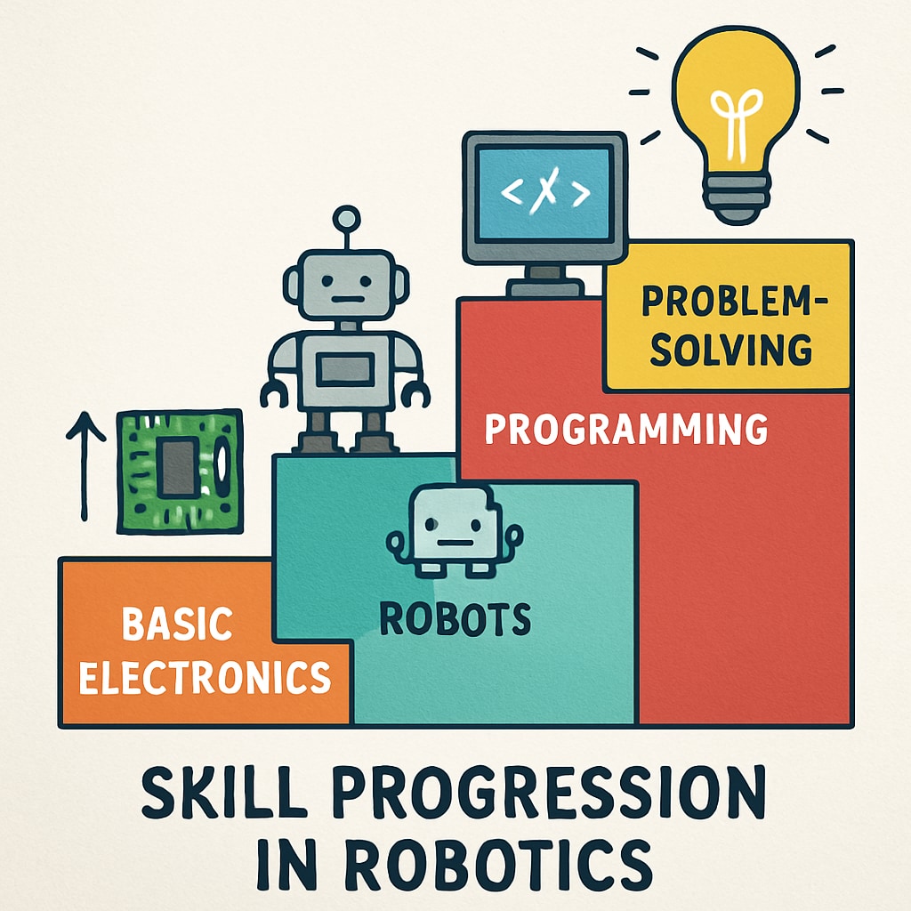 Color-coded diagram showing skill progression in a robotics curriculum from basic electronics to programming and problem-solving Structured robotics course design for project-based learning