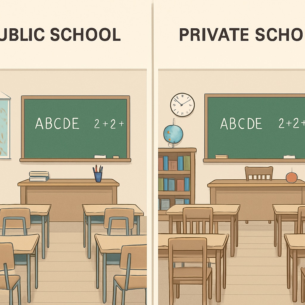 Comparison image showing typical public school classroom on left and private school classroom on right Classroom comparison between public and private schools