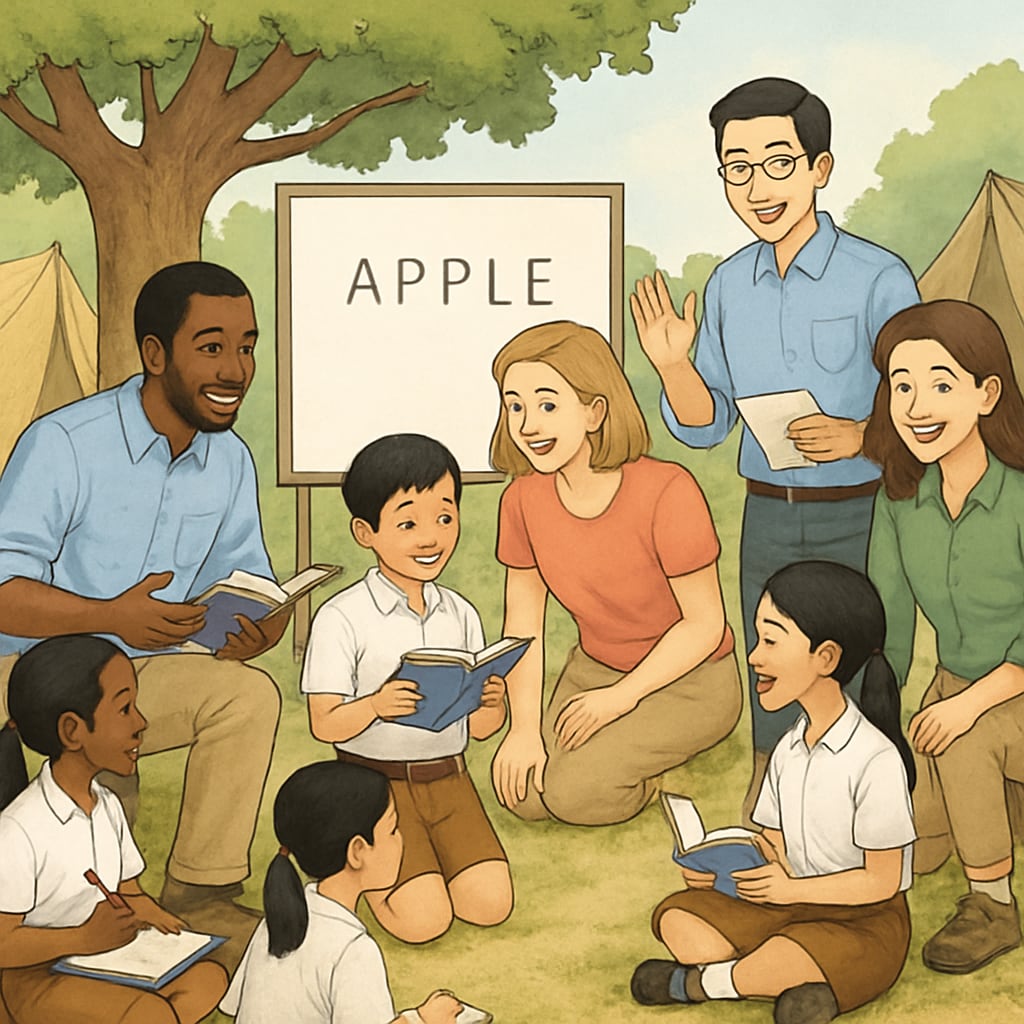 Diverse team of international teachers conducting an interactive English lesson with Thai students in an outdoor camp setting Teaching English in Thailand summer camp with international educators