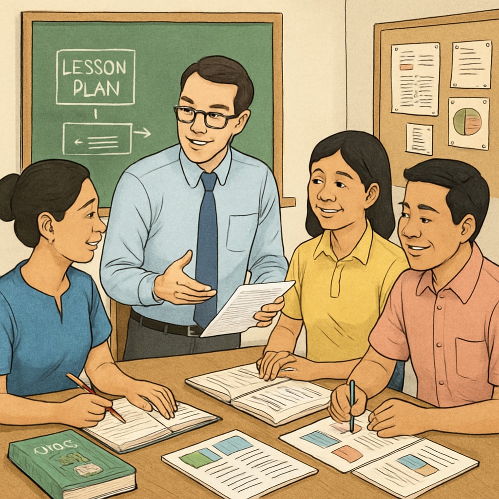 Professional development session showing foreign teacher collaborating with Thai colleagues on lesson planning ESL teaching career development in Thailand