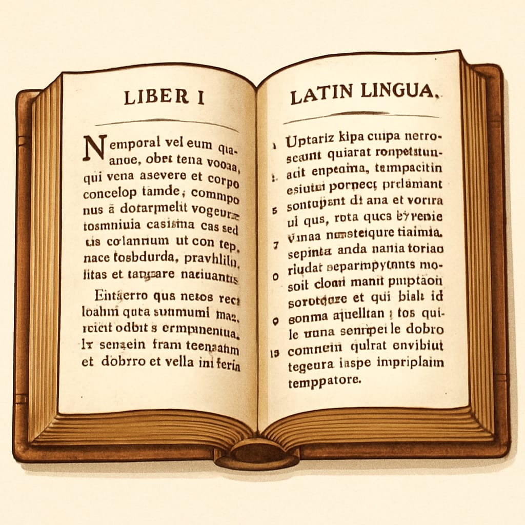 Antique leather-bound book with gilt-edged pages featuring Latin text, symbolizing traditional classical education materials Classical education materials featuring Latin texts