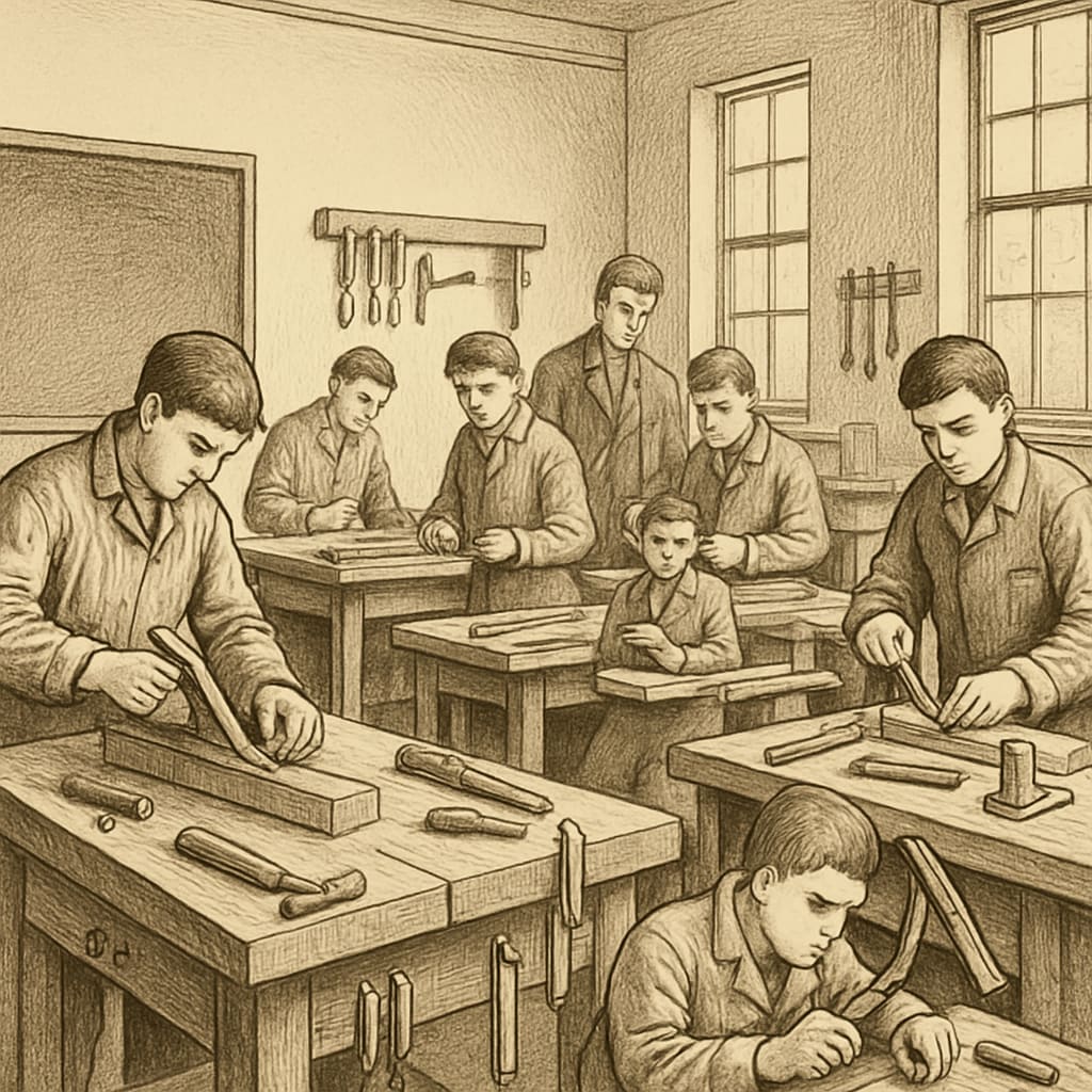 Historical classroom photo showing vocational training with early 20th-century woodworking tools Industrial-era vocational education replacing classical methods