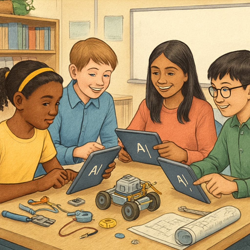 Diverse group of middle school students using AI-powered tablets during collaborative STEM project White House AI Task Force inspired classroom technology in action