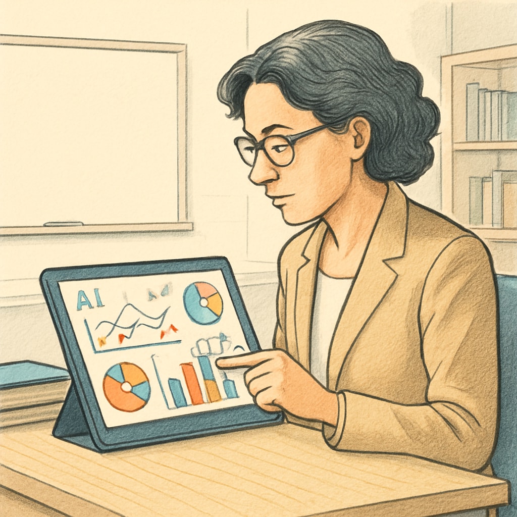 Educator analyzing artificial intelligence generated data visualizations on digital device Responsible AI management in K12 education monitoring
