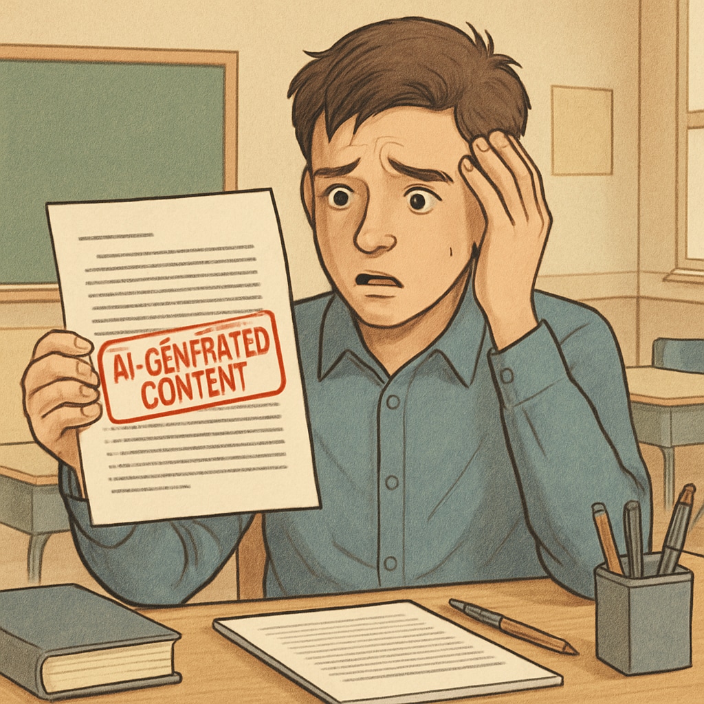 A high school student looking distressed while holding a printed essay with Student facing AI detection tool false positive