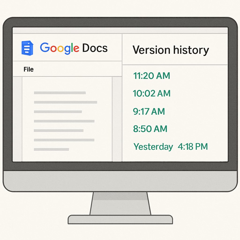 Computer screen displaying Google Docs version history with multiple timestamps Digital paper trail proving essay authenticity