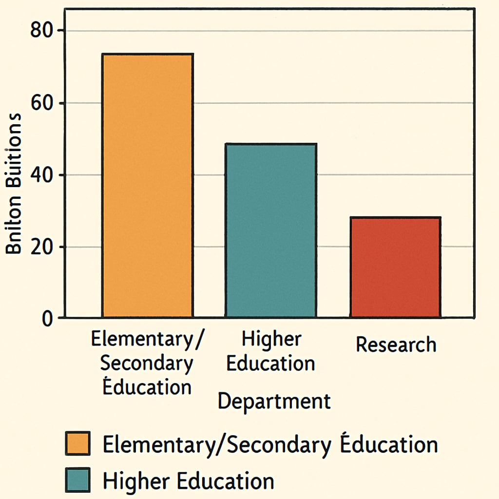 Color-coded bar chart comparing U.S. federal education budget allocations by department (Elementary/Secondary, Higher Education, Research) Federal education spending distribution visualization