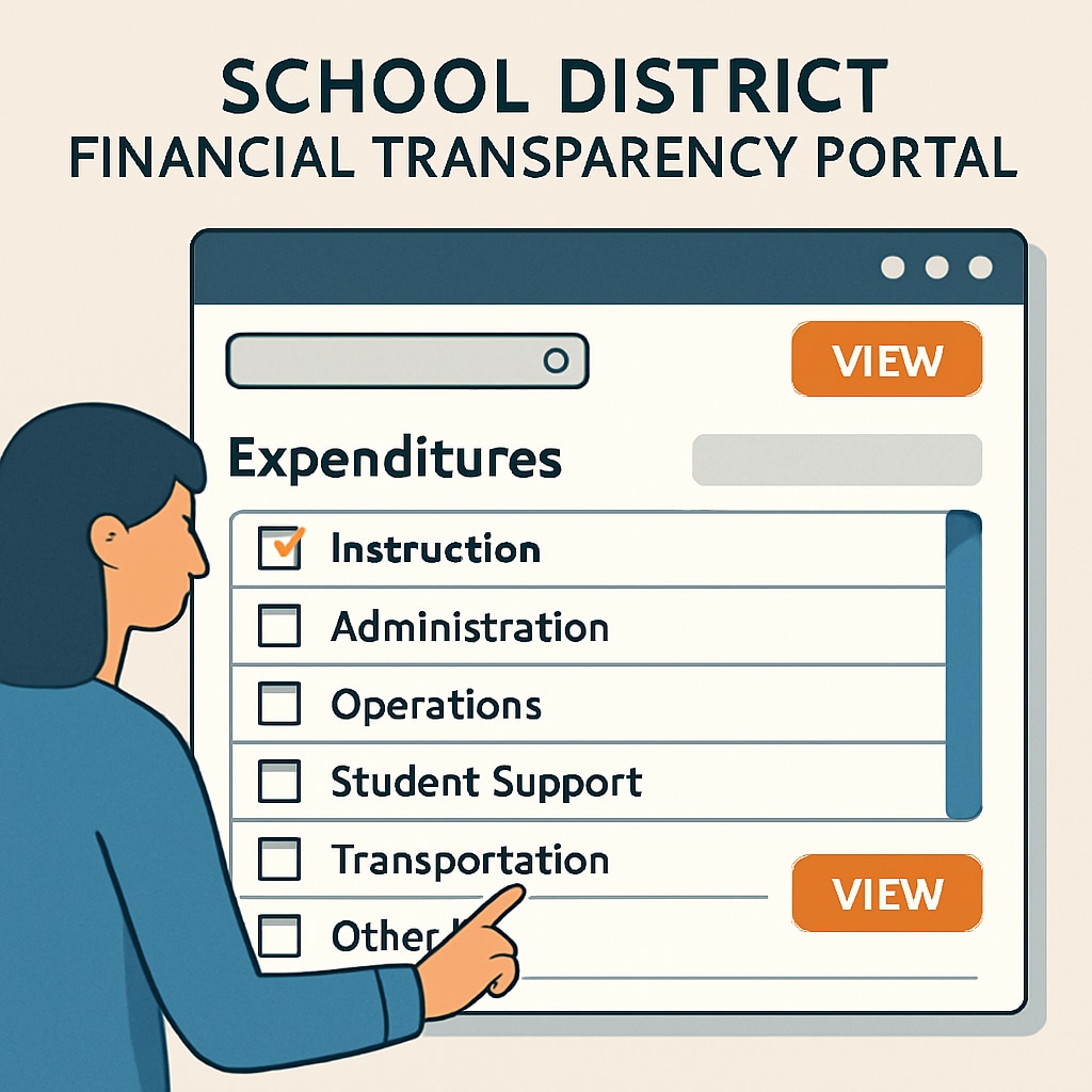 Screenshot showing interactive elements of a school district's financial transparency portal with expenditure categories School district financial transparency dashboard example