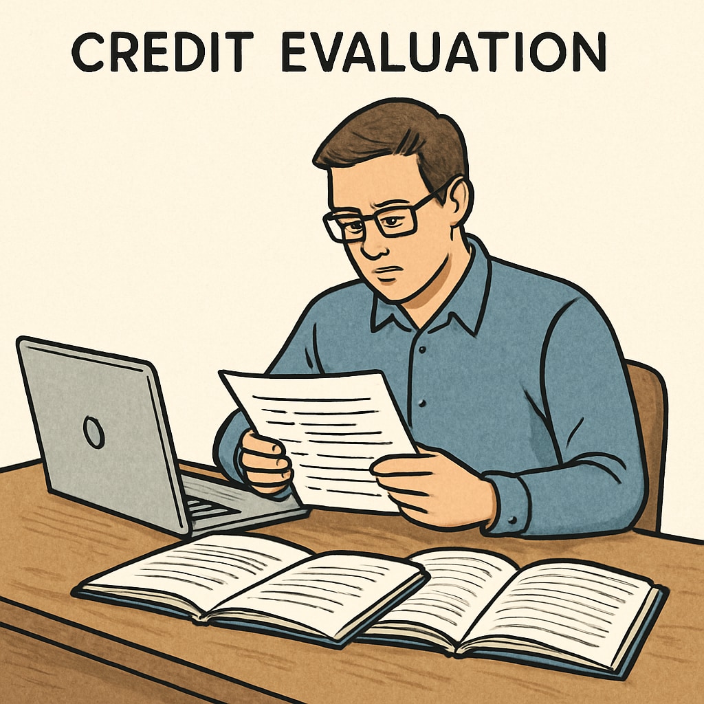 Adult student reviewing academic documents at a desk with laptop and notebooks, symbolizing credit evaluation process Adult learner reviewing credit transfer documents for continuing education