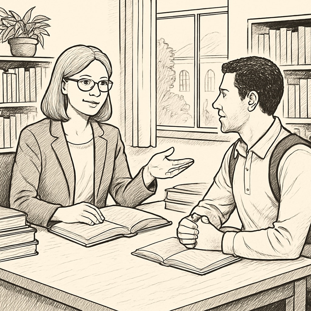 University advisor meeting with adult student in campus office, representing academic guidance Academic advisor discussing continuing education options