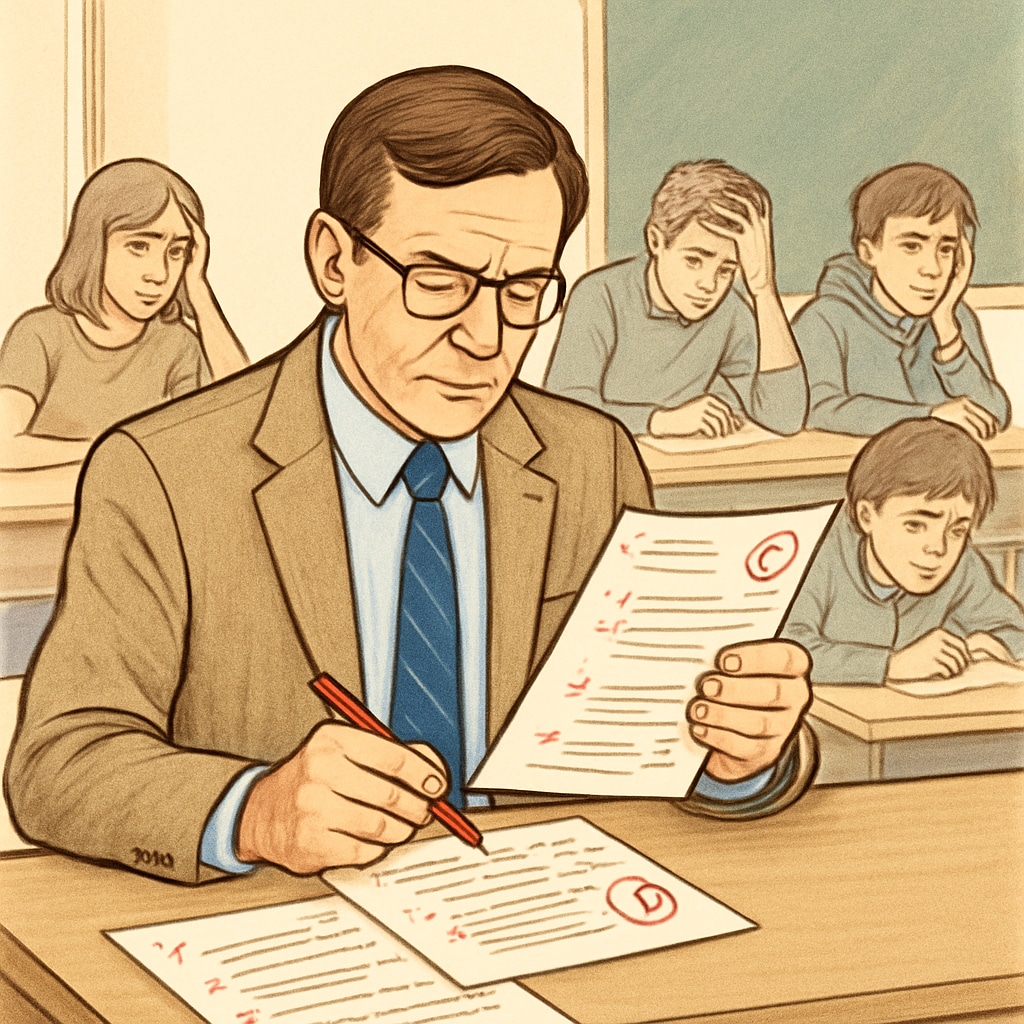 A middle-aged teacher at desk examining test papers with red pen marks and visible letter grades, with stressed-looking students in background Traditional grading system causing classroom stress