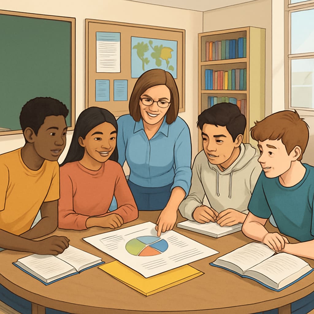 Diverse group of high school students and teacher reviewing project materials together at circular table in bright classroom Alternative assessment methods in school reform