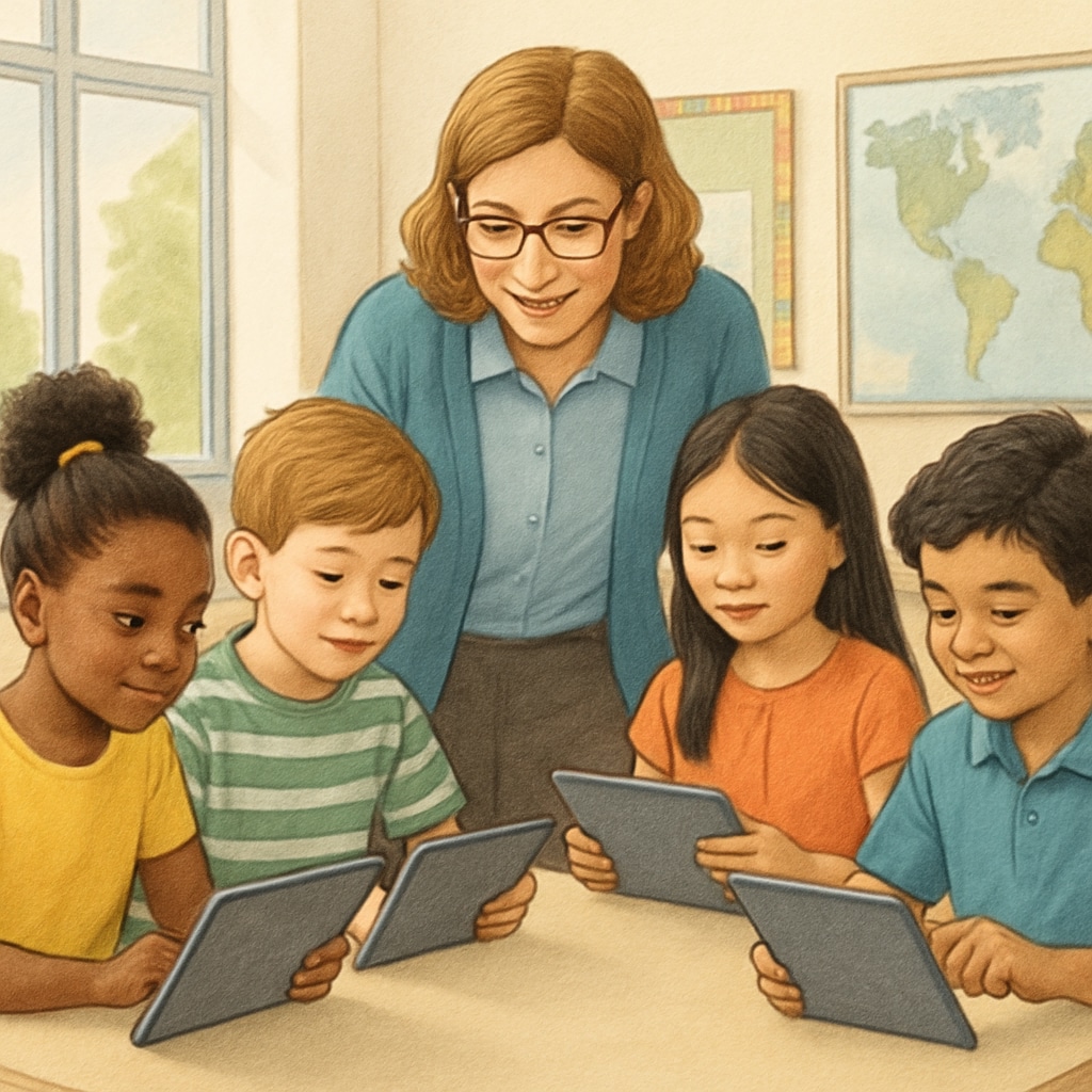 A diverse group of elementary school students working with a teacher using tablets in a bright classroom Career planning in education with high salary potential
