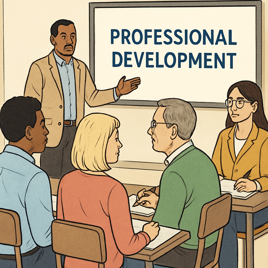 Adult educators attending a professional development seminar with presentation screen visible Overcoming career迷茫 through professional development