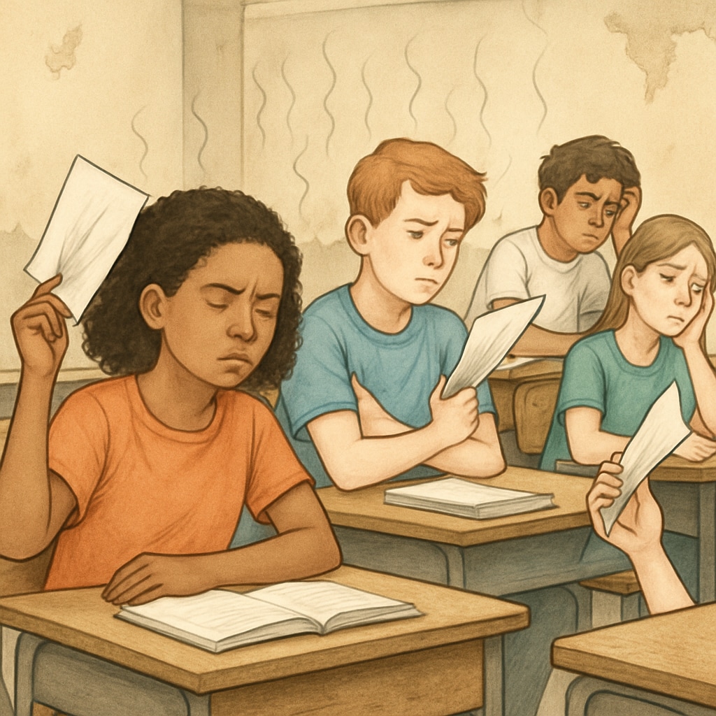 Diverse middle school students visibly uncomfortable in a poorly ventilated classroom, some using paper to fan themselves. Peeling paint and outdated infrastructure visible. Marginalized students suffering from extreme heat in underfunded classroom