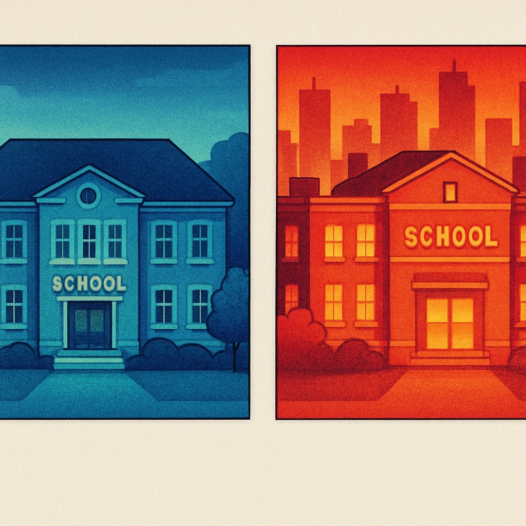 Side-by-side thermal images of two school buildings - one in an affluent suburb showing cooler blue/green tones, another in urban area showing intense red/orange heat signatures. Thermal inequality between schools in different communities