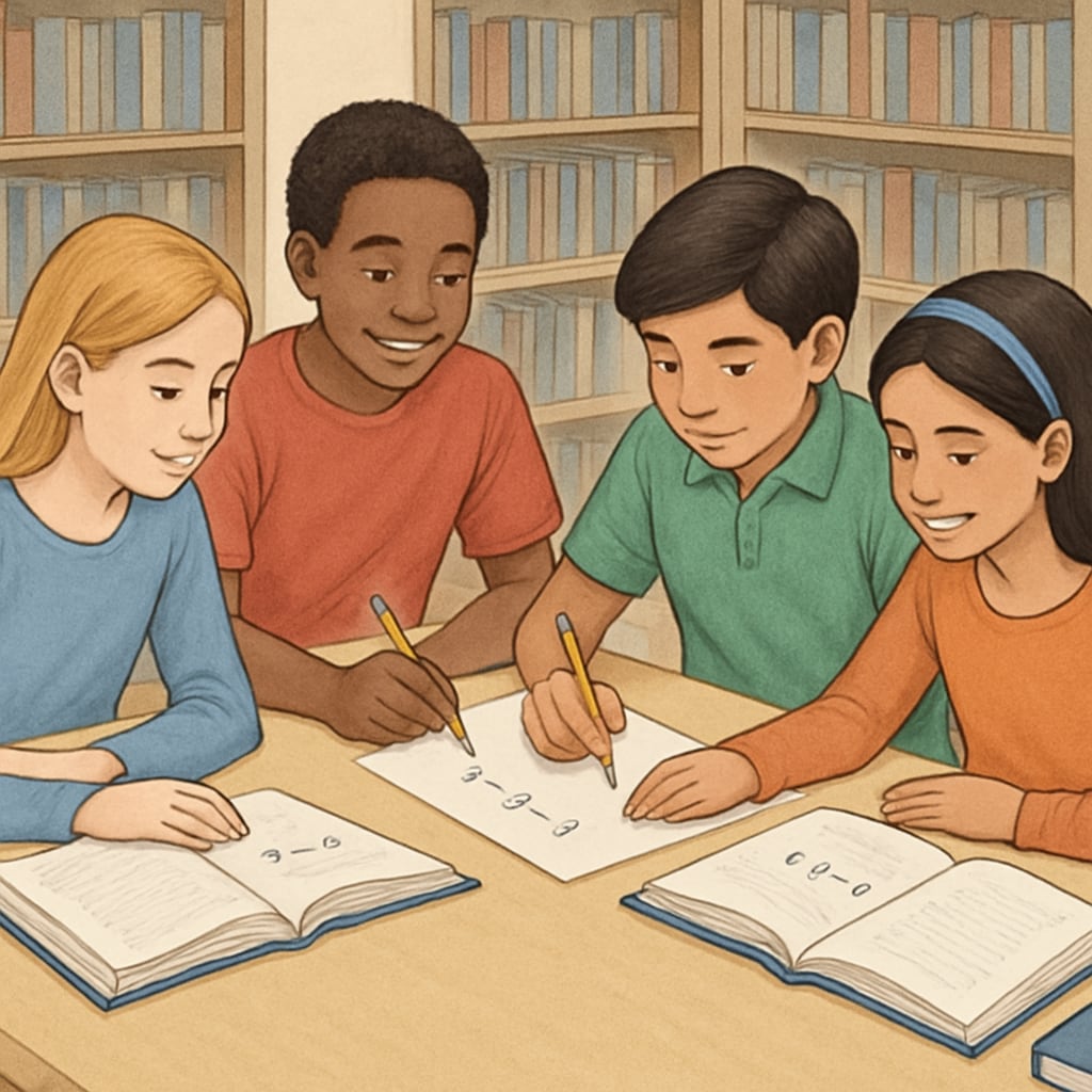 Diverse middle school students collaboratively solving math problems at a library table, showing peer learning dynamics Students engaged in homework debate through collaborative problem-solving